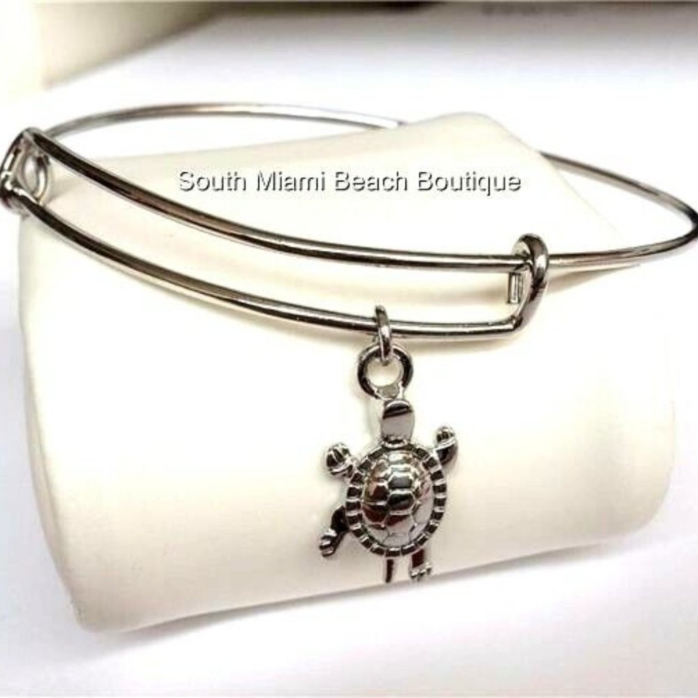Turtle Charm Bracelet Silver Plated Beach Island Wire Nautical Island Sea Life
